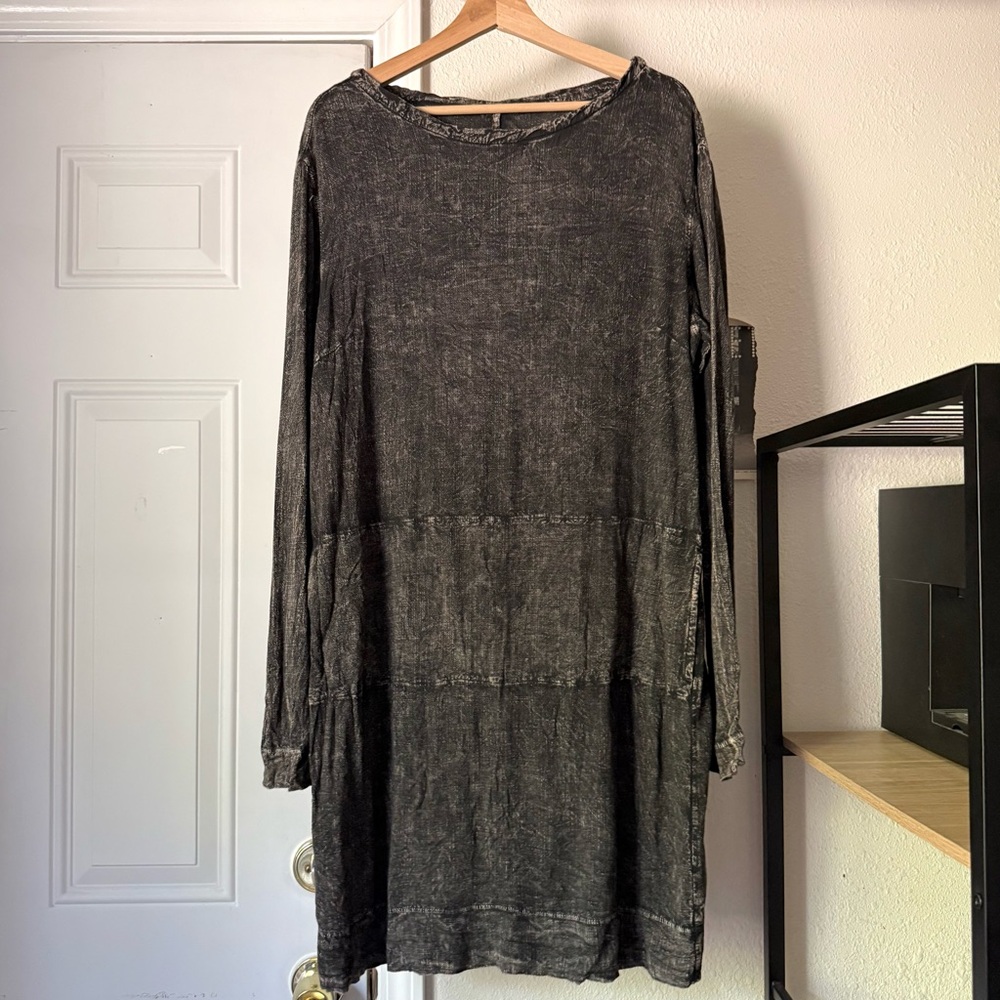 RAQUEL ALLEGRA black stone acidβ wash long sleeve boat neck mini dress